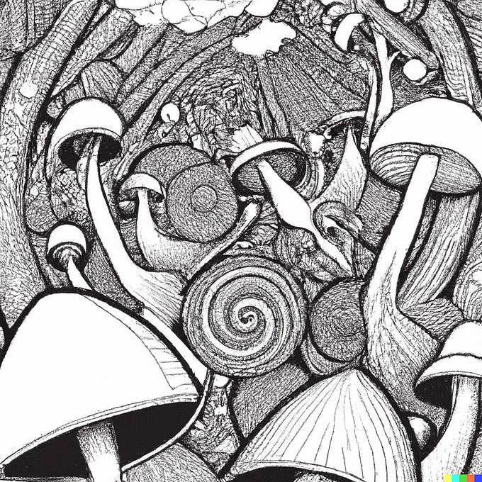 DALL·E 2023-01-07 03.15.32 - Create an MC escher like black and white line drawing of a magic mushroom universe