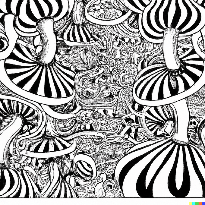 DALL·E 2023-01-07 03.15.17 - Create an MC escher like black and white line drawing of a magic mushroom universe